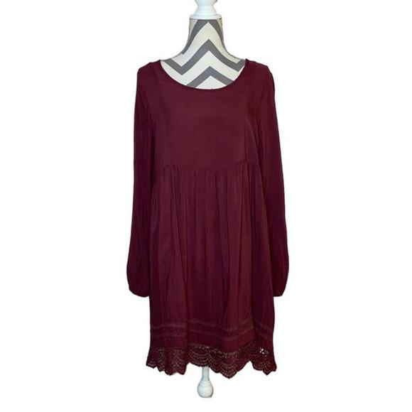 Roxy Burgundy Skater Lace Trim Long Sleeve Button Back Dress Size Large - Picture 1 of 10